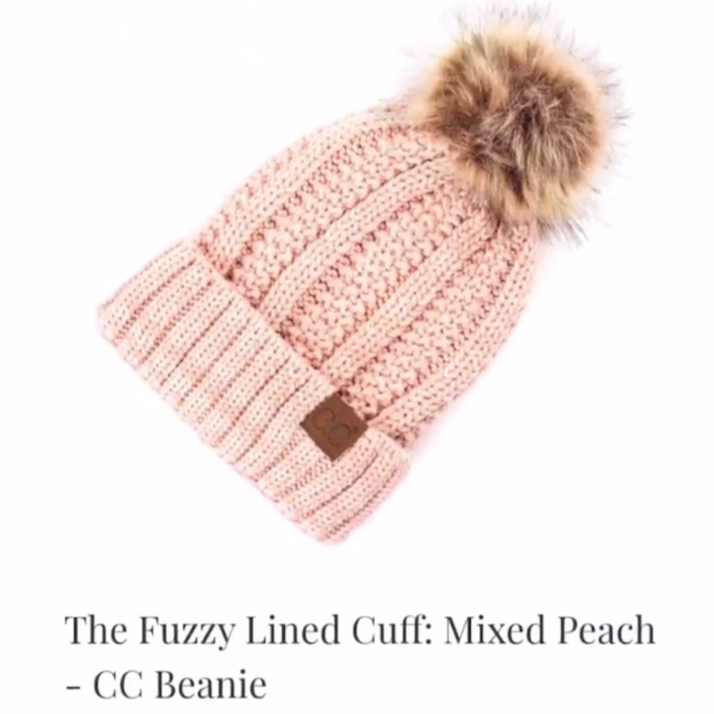 C.C beanie with pom in mixed peach the fuzzy lined cuff - fall and winter hats